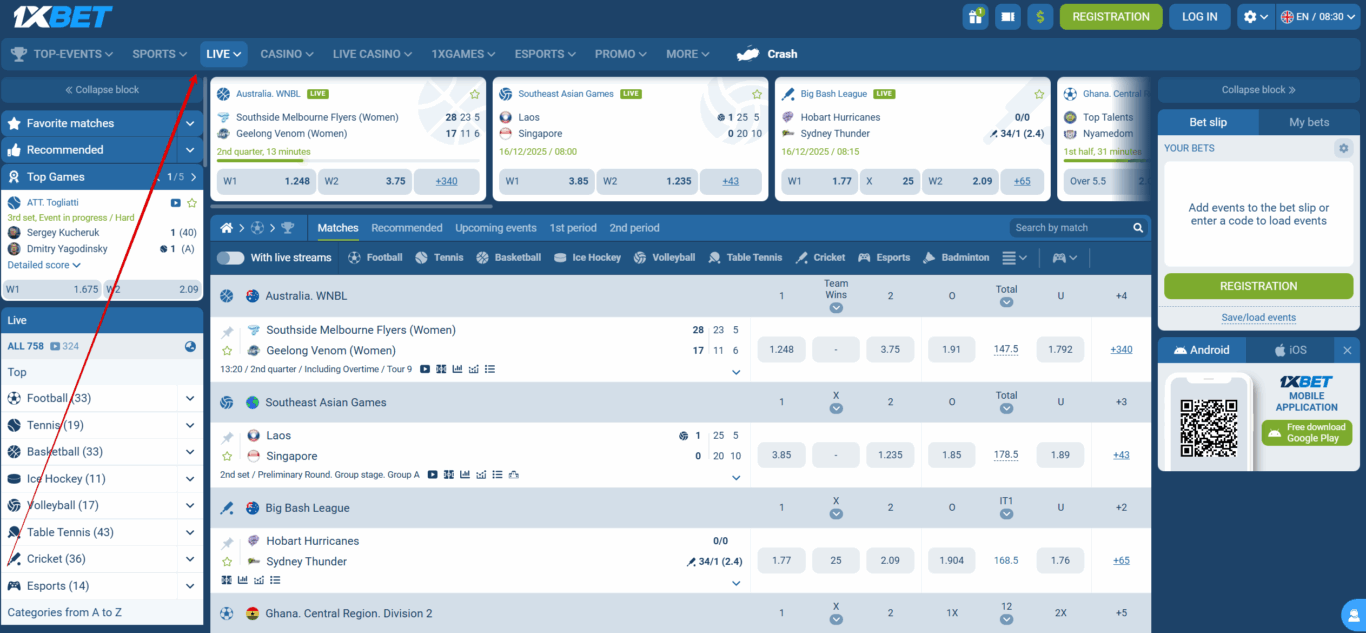 1xBet live betting